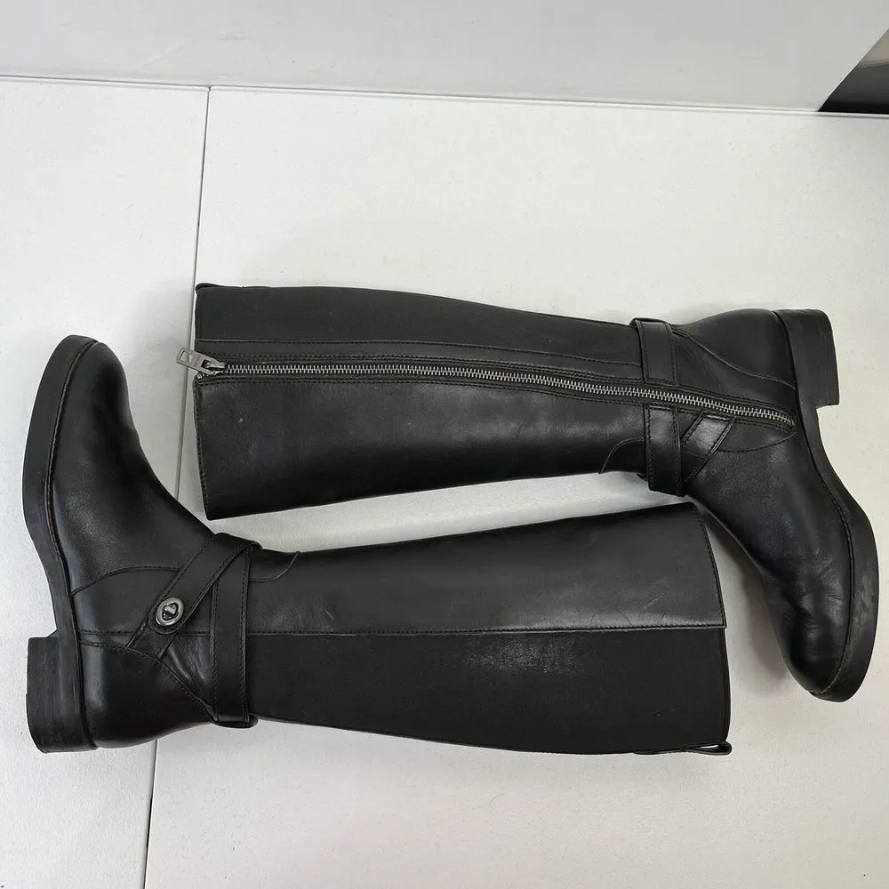 Coach Size 8 Turn Lock Riding Boots Black Leather Side Zip Stretch Panel Women’s - Picture 4 of 13